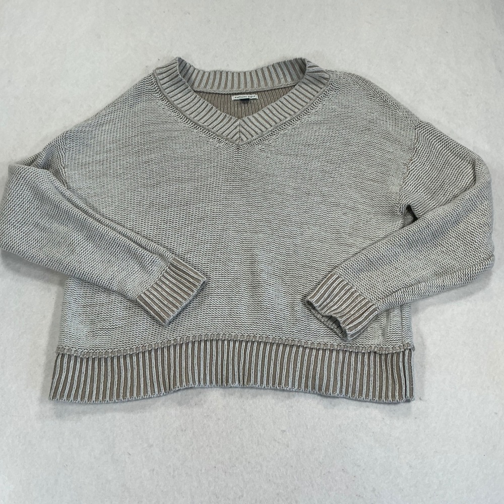 American Eagle V-Neck Sweater Small Beige Cream Cotton Knit Long Sleeve 1883
